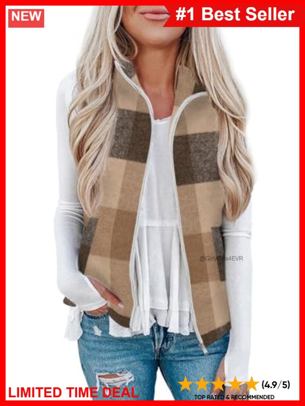 Plaid Zip Up Collared Sleeveless Outerwear Vest with Pockets